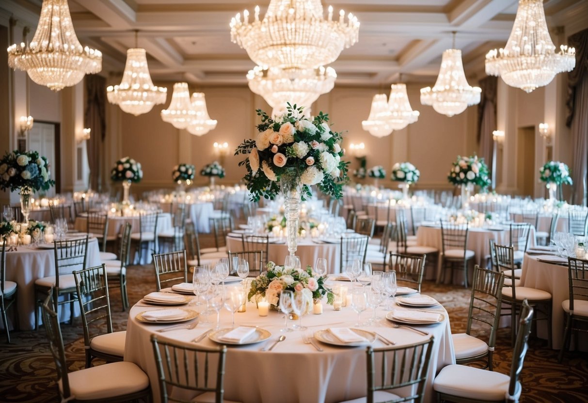 A grand ballroom filled with rows of elegant tables, adorned with lavish floral centerpieces and sparkling chandeliers overhead