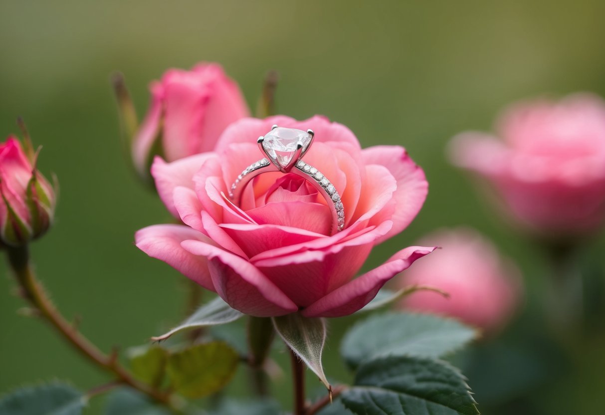 A ring placed on a blooming rosebud