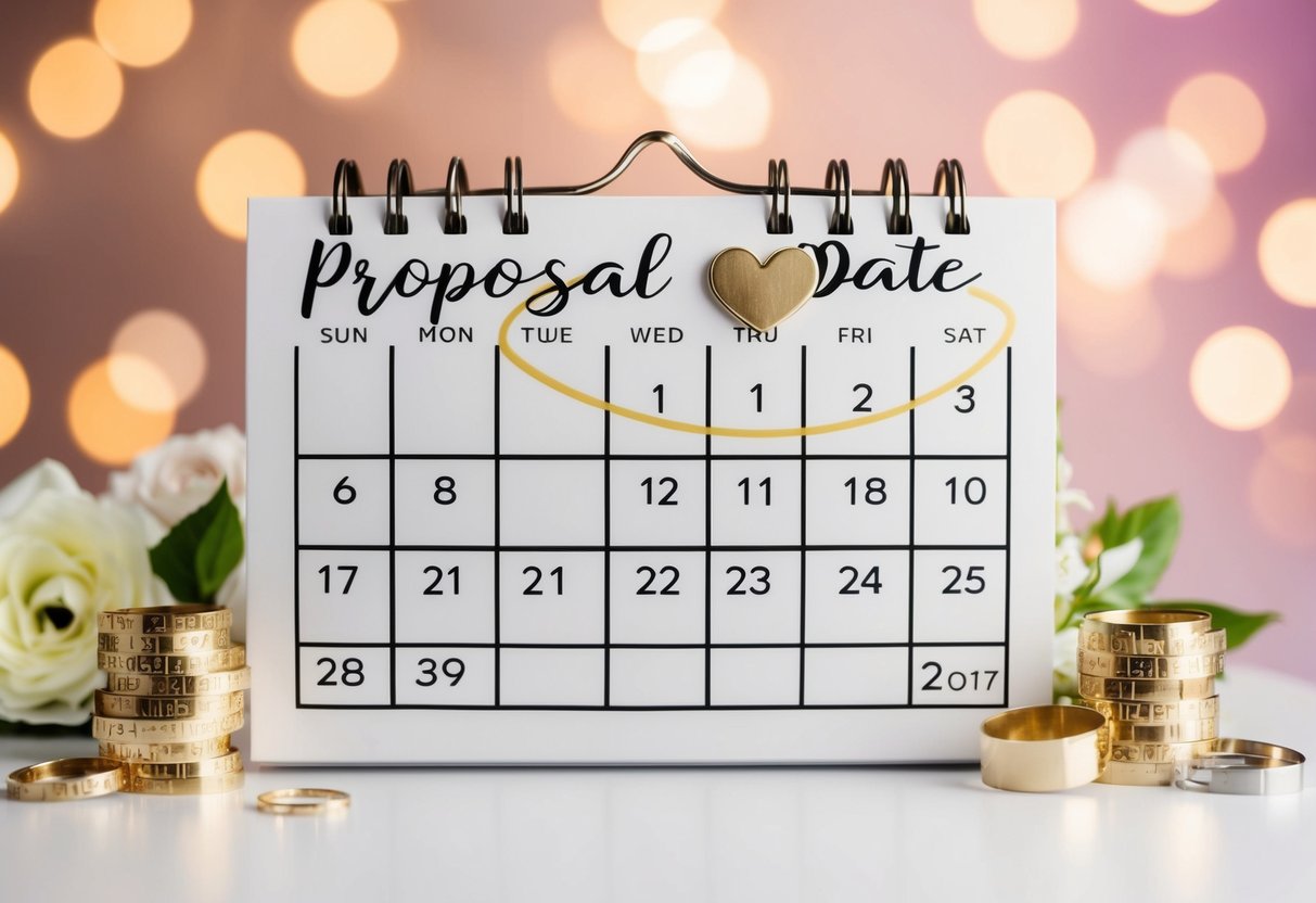 A calendar with a proposal date circled and a wedding date marked, surrounded by symbols of love and marriage
