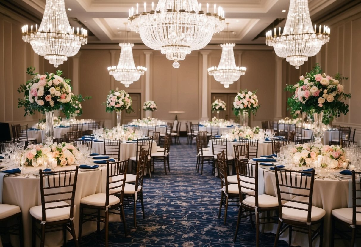 A grand banquet hall with rows of elegantly set tables and chairs, adorned with elaborate floral centerpieces and sparkling chandeliers overhead