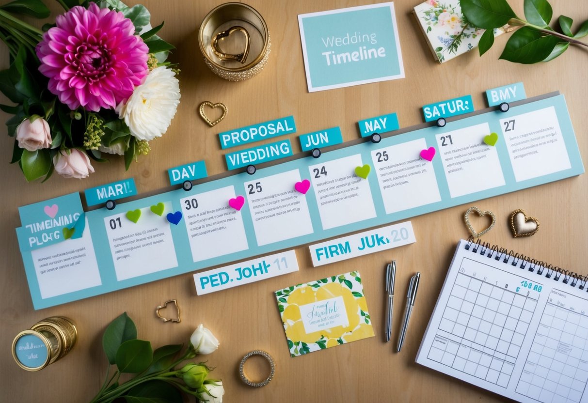 A timeline with proposal and wedding dates marked, surrounded by planning elements like flowers, invitations, and a calendar