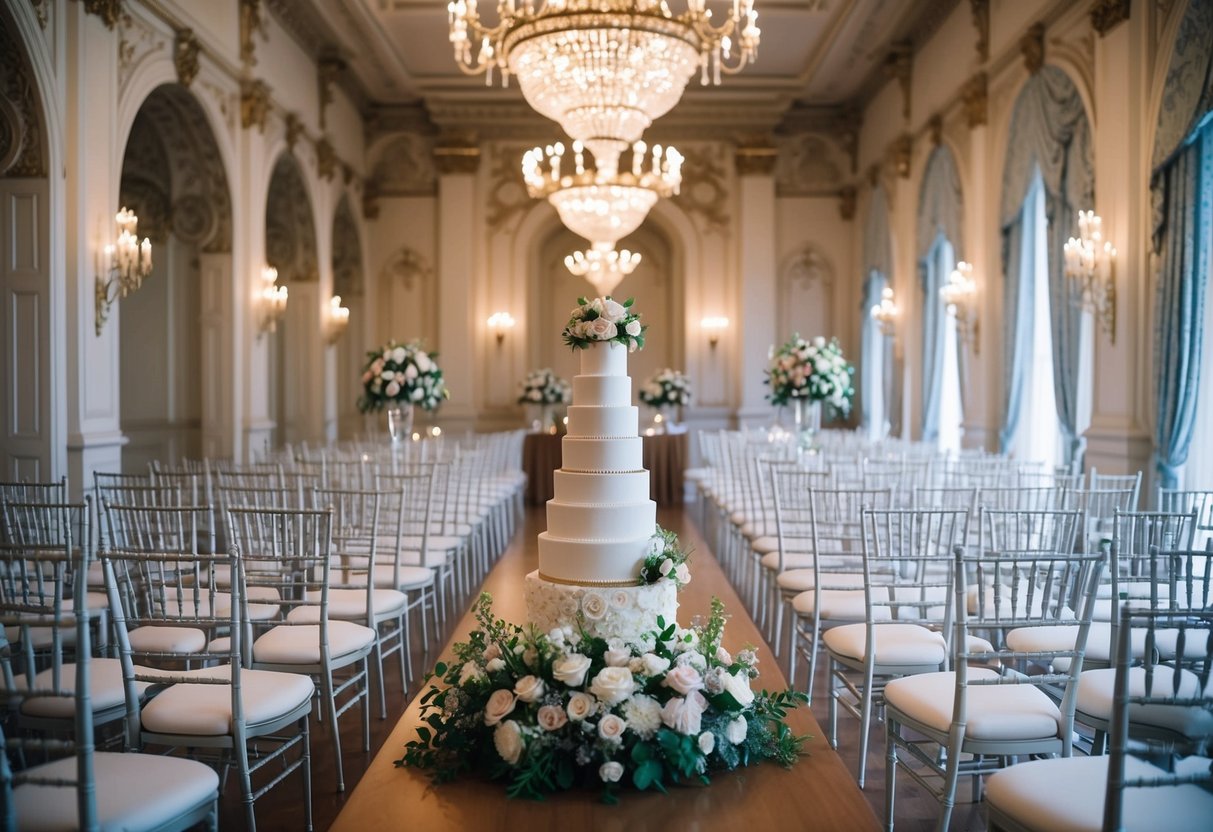 A grand, ornate wedding venue filled with rows of elegant chairs, a towering wedding cake, and a lavish floral centerpiece