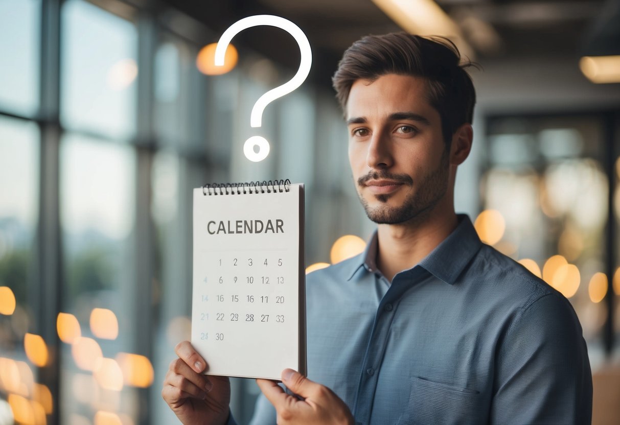 A person holding a calendar, with a ring and question mark above their head