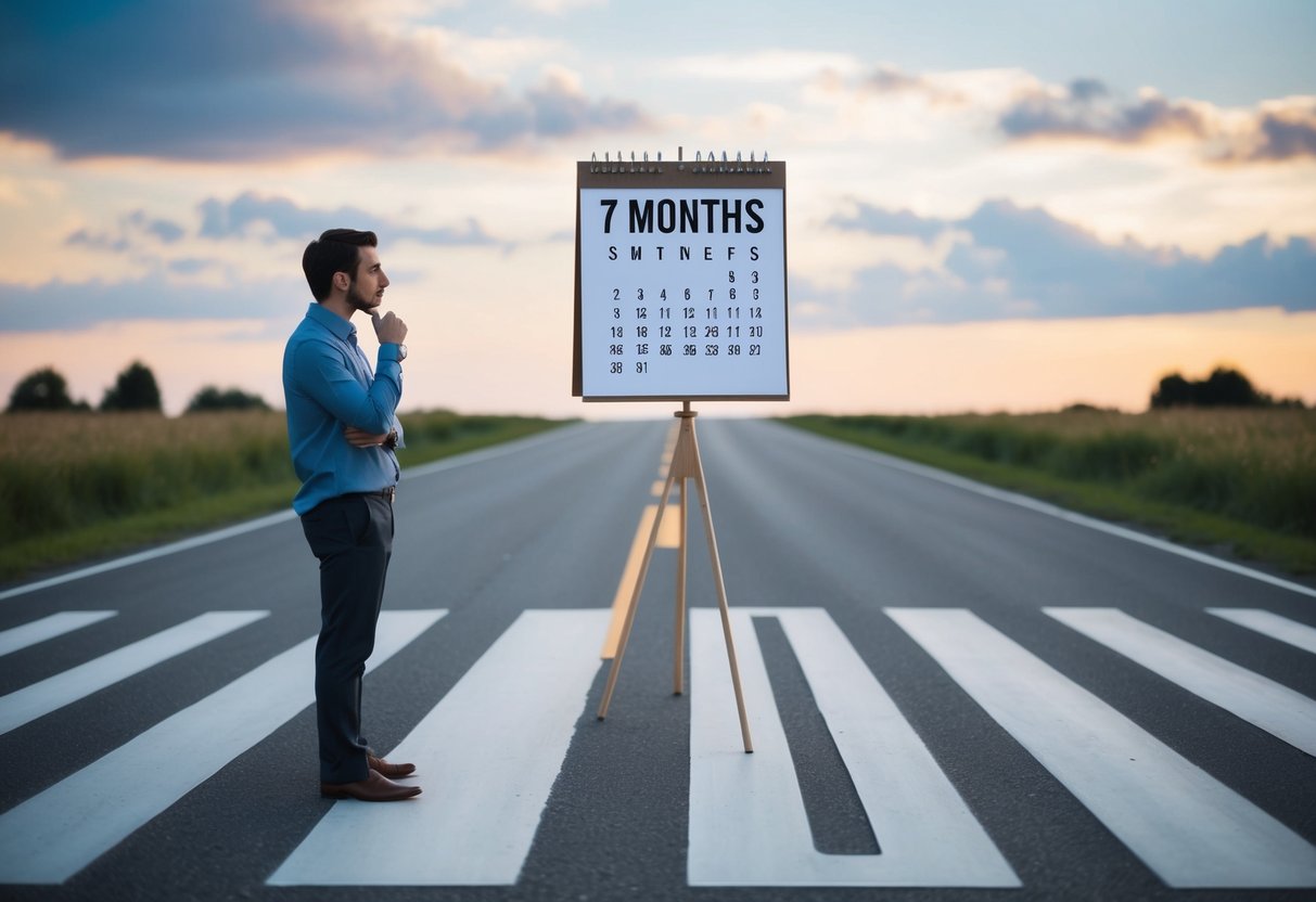 A person standing at a crossroads, with a calendar showing 7 months until a proposal. They are deep in thought, weighing the challenges and considerations