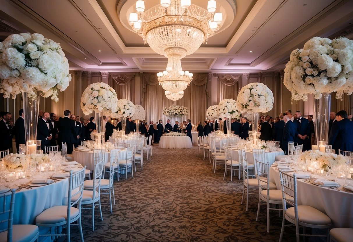 A grand wedding venue with elaborate decorations and a large guest list