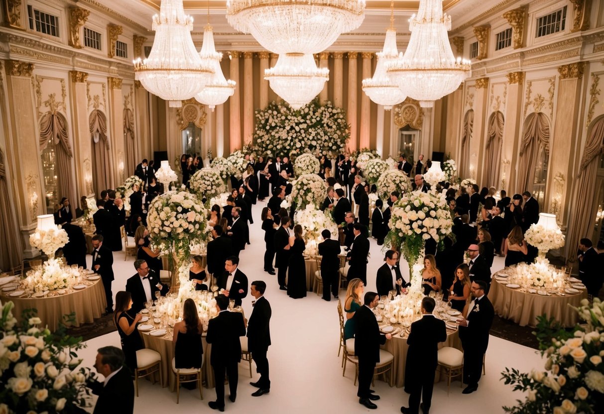 A grand ballroom adorned with opulent decor and lavish floral arrangements, filled with elegantly dressed guests mingling and enjoying the luxurious ambiance