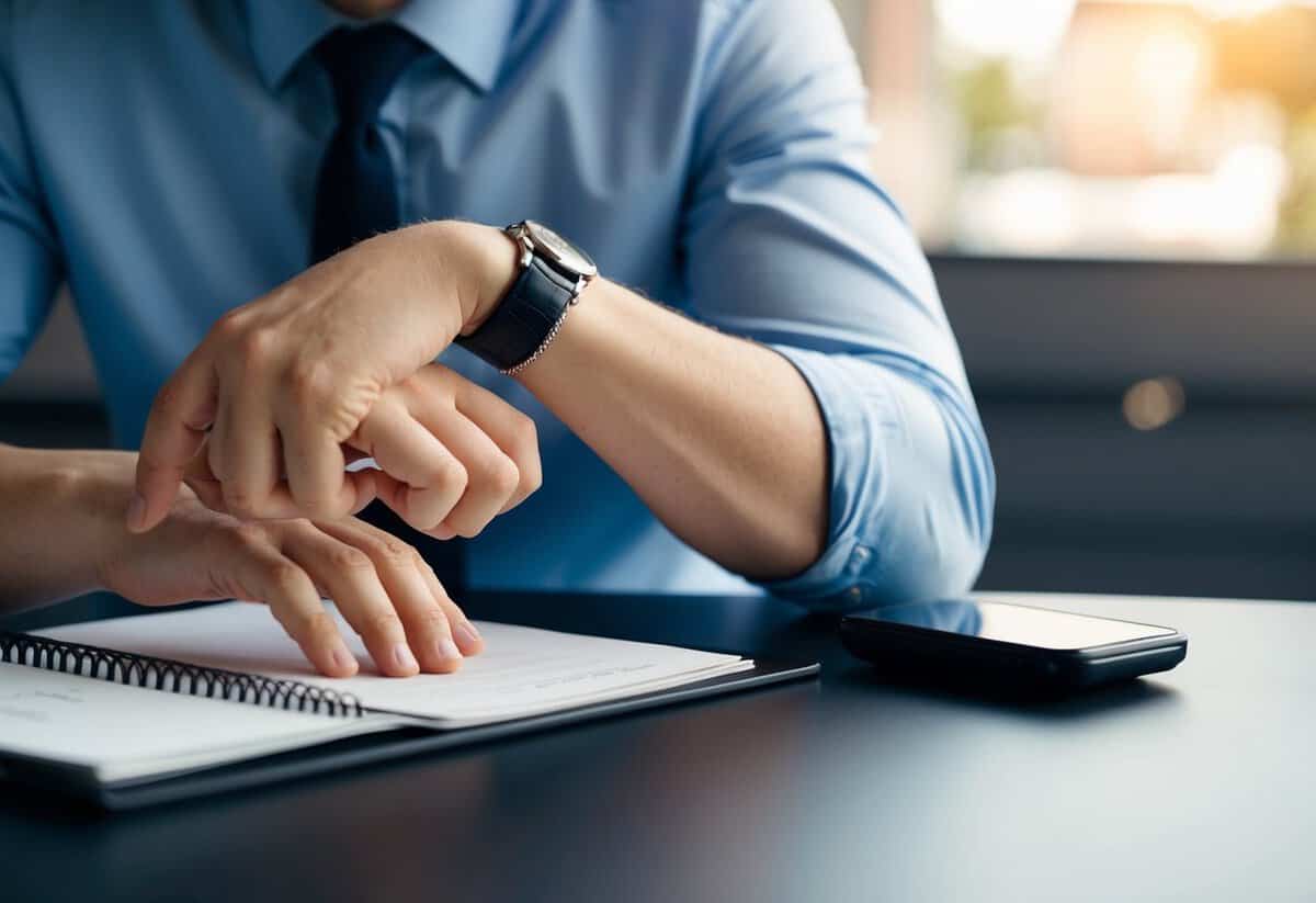 A person sitting at a table, tapping their foot impatiently while glancing at a watch
