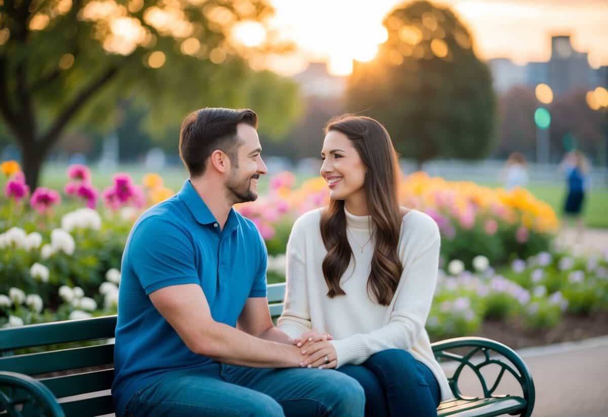 A couple sitting on a park bench, smiling and looking at each other, surrounded by blooming flowers and a sunset in the background