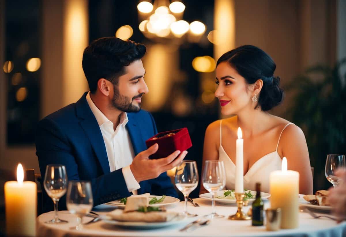 A couple sitting at a candlelit dinner table, the woman gazing expectantly at the man while he hesitates with a small velvet box in his hand