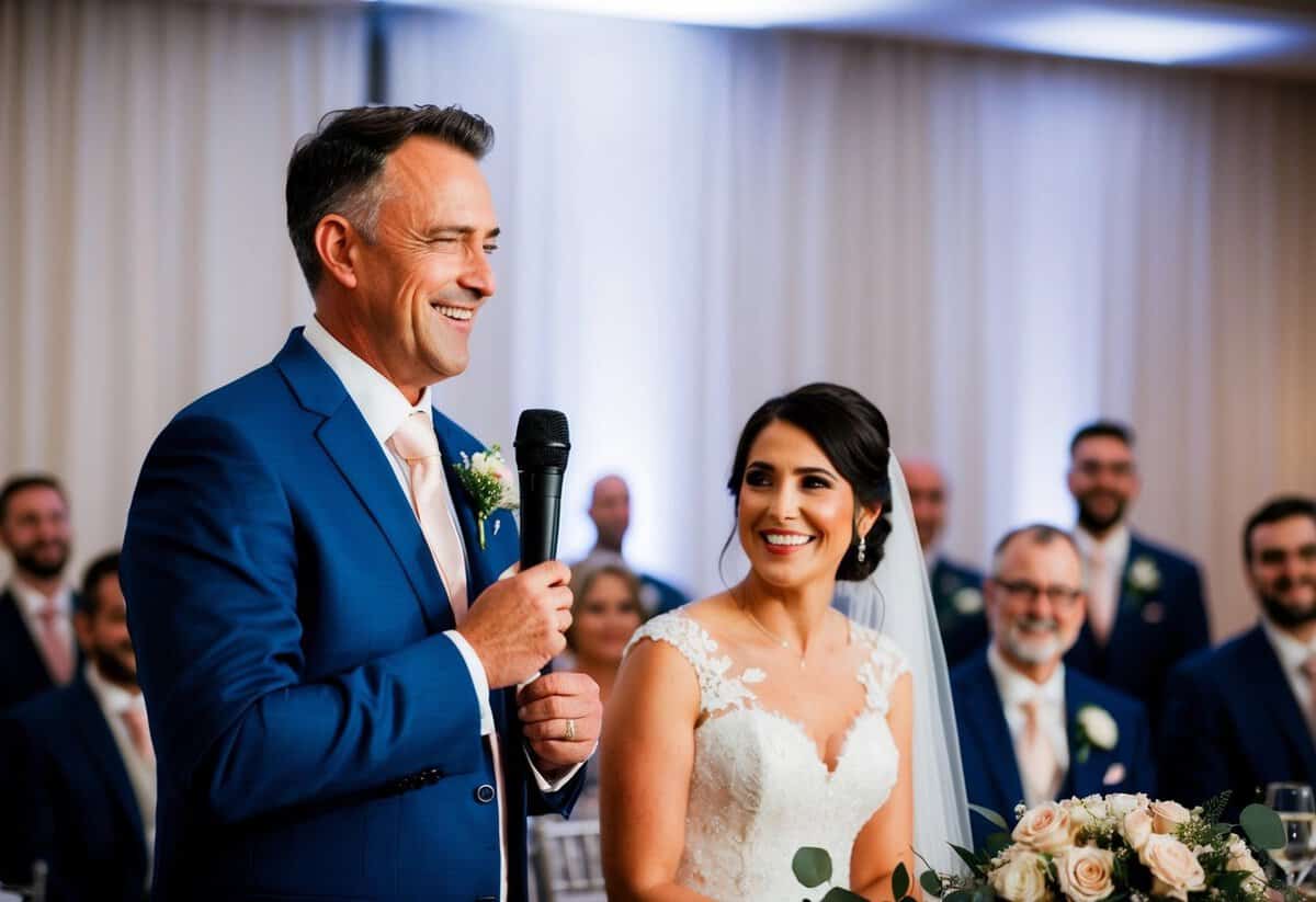 A father standing at a wedding reception, holding a microphone, smiling as he delivers a heartfelt speech to the bride and groom