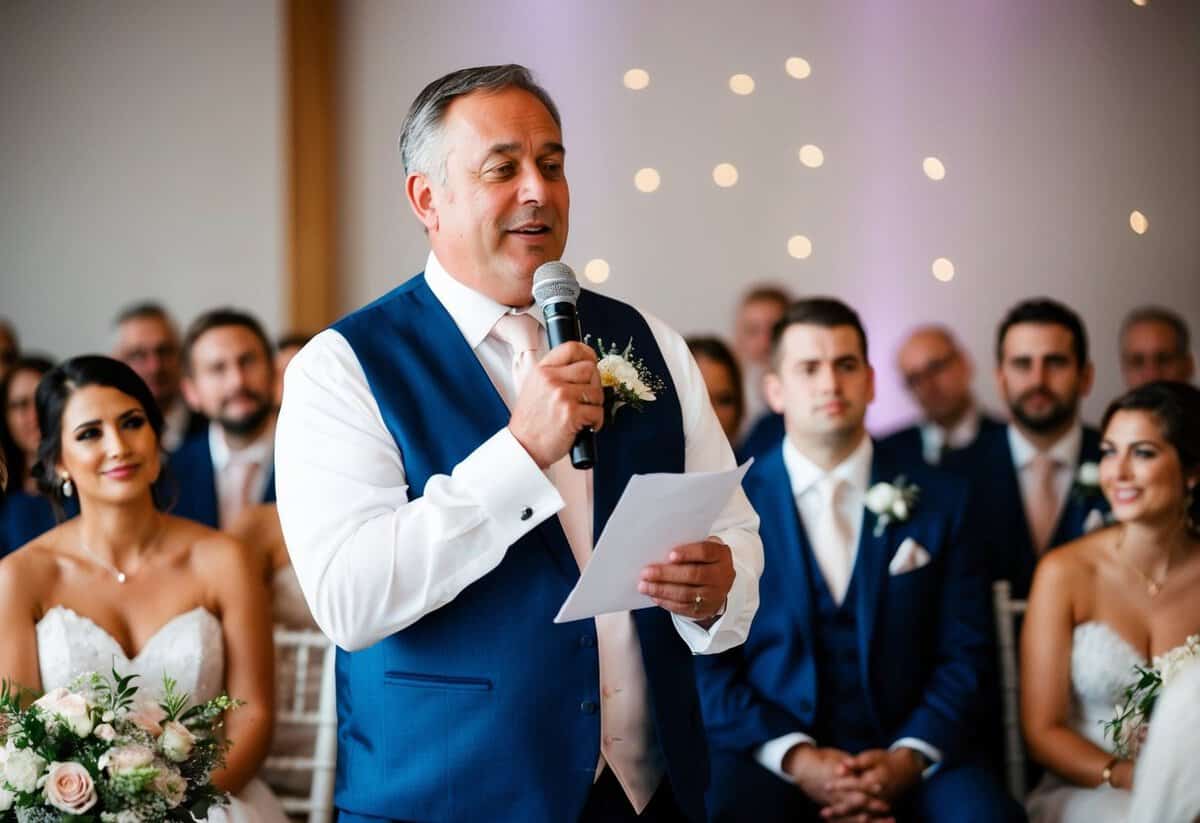 A father stands at a wedding reception, holding a microphone and addressing the audience with a heartfelt and emotional speech. The guests are listening attentively, and the bride looks on with a smile