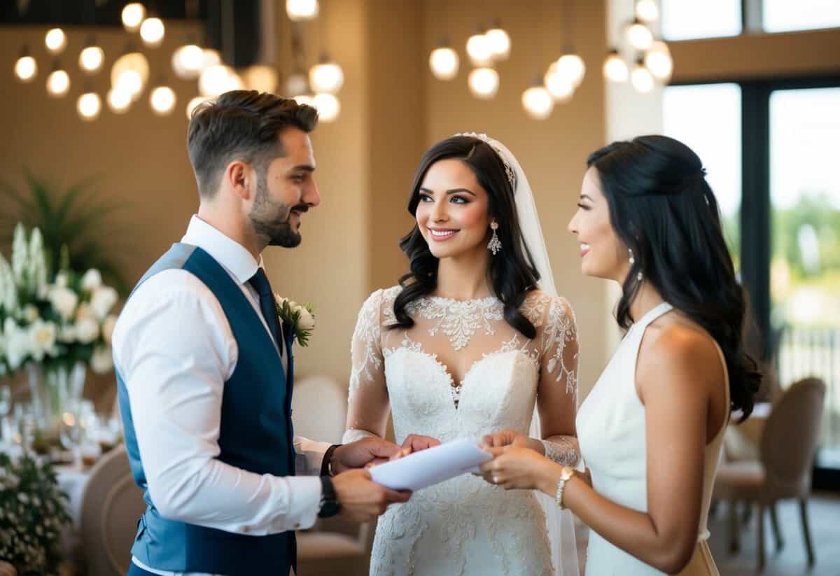 A couple selecting a wedding venue and discussing decorations with a planner