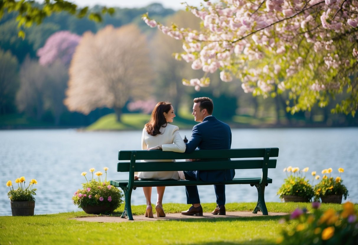 A couple sitting on a park bench, surrounded by blooming flowers and a serene lake, engaged in a deep conversation