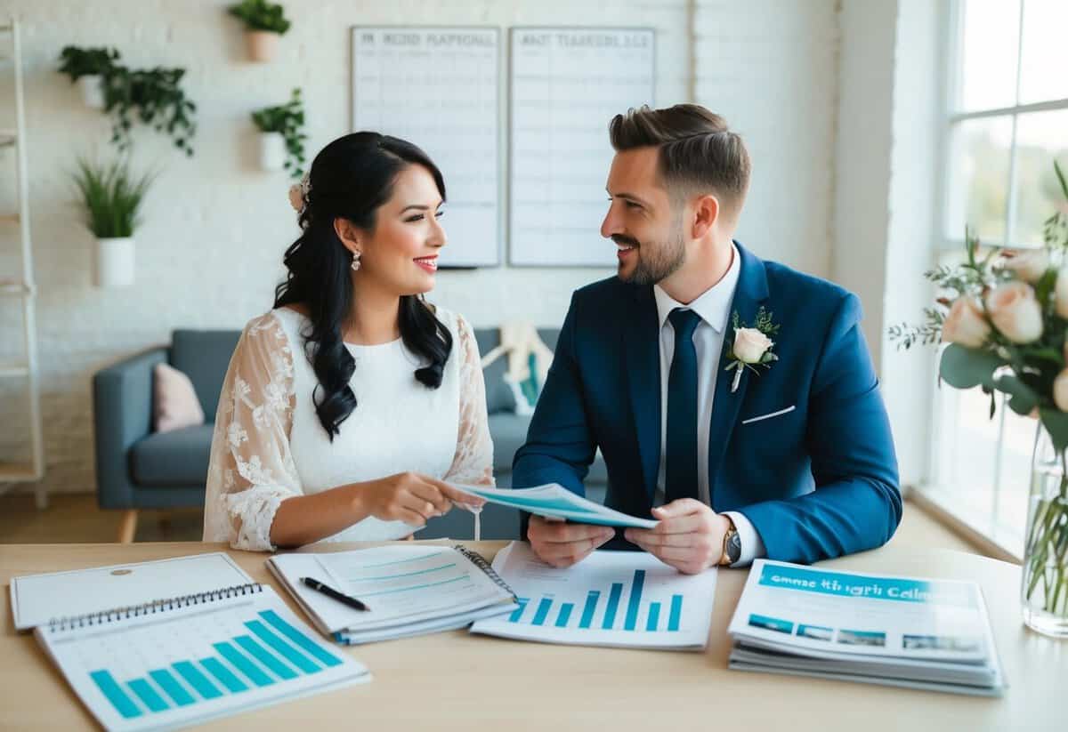 A couple sits at a table with a calendar, spreadsheets, and wedding magazines, discussing budgeting and timelines for their upcoming wedding