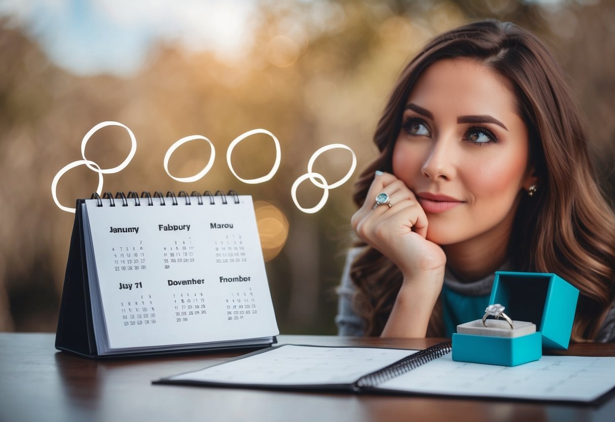 A calendar with nine months circled, a ring box, and a thoughtful expression on someone's face