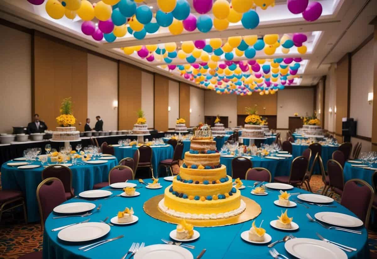 A festive banquet hall with colorful decorations and tables set for 100 guests. A large cake and buffet are prepared for the celebration