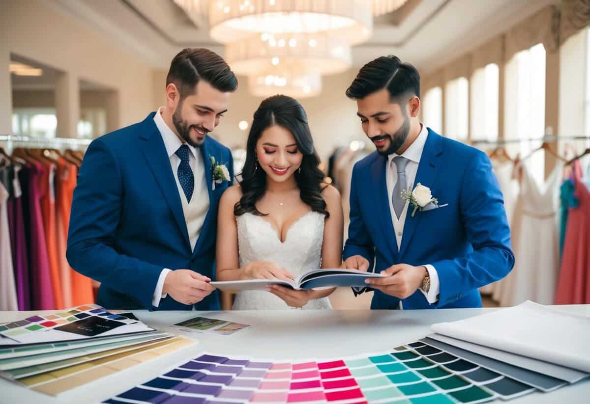 A couple browsing through a variety of wedding themes and attire options, surrounded by color swatches and fabric samples