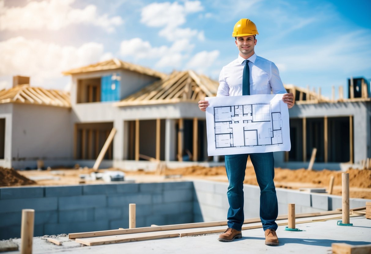 A person holding a blueprint while standing in front of a construction site, with a strong foundation being laid for a new building