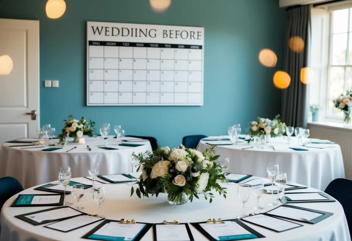 Tables set with wedding planning materials, from invitations to floral arrangements. A calendar on the wall marks the date two years before the wedding
