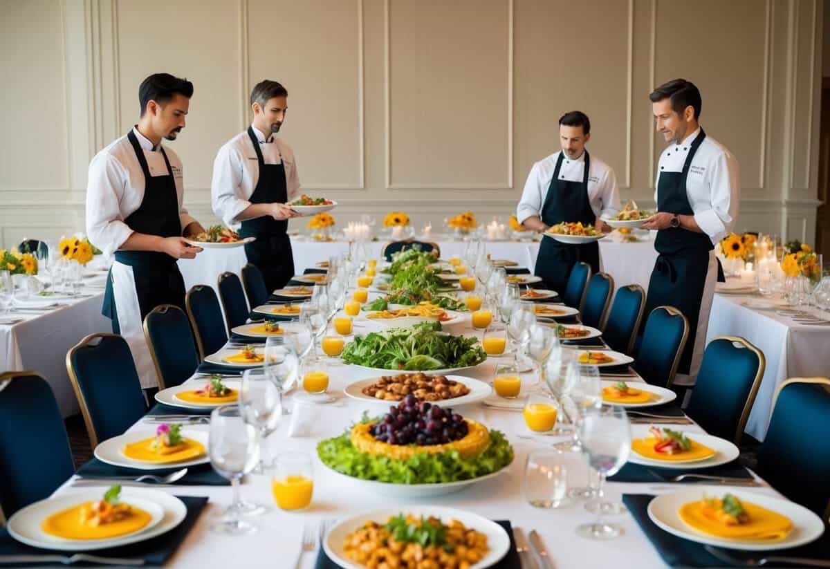 A large banquet table set with elegant place settings and a variety of colorful dishes, with a chef and servers attending to dietary needs