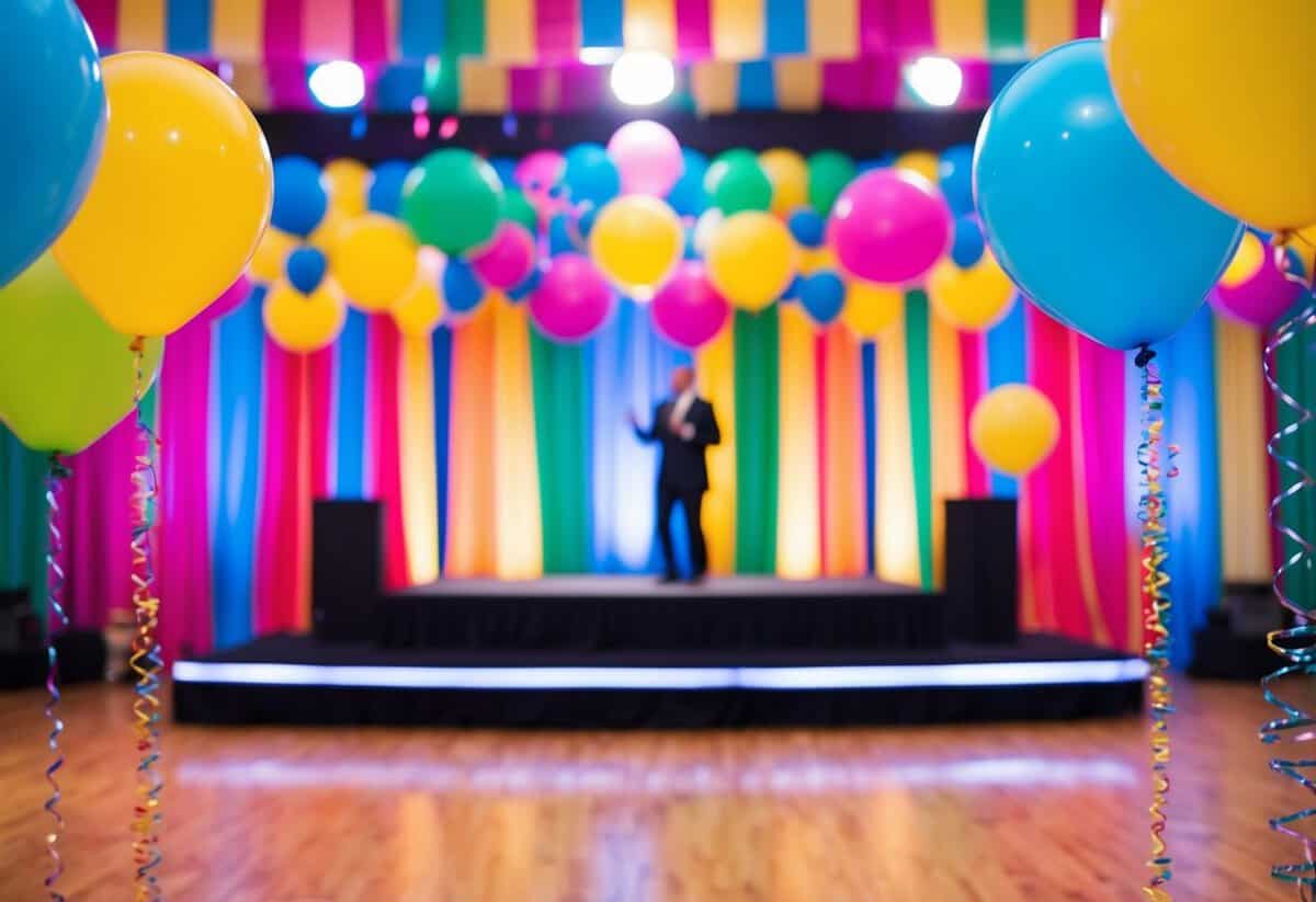 A festive party scene with colorful decorations, balloons, and streamers, with a stage or dance floor for entertainment