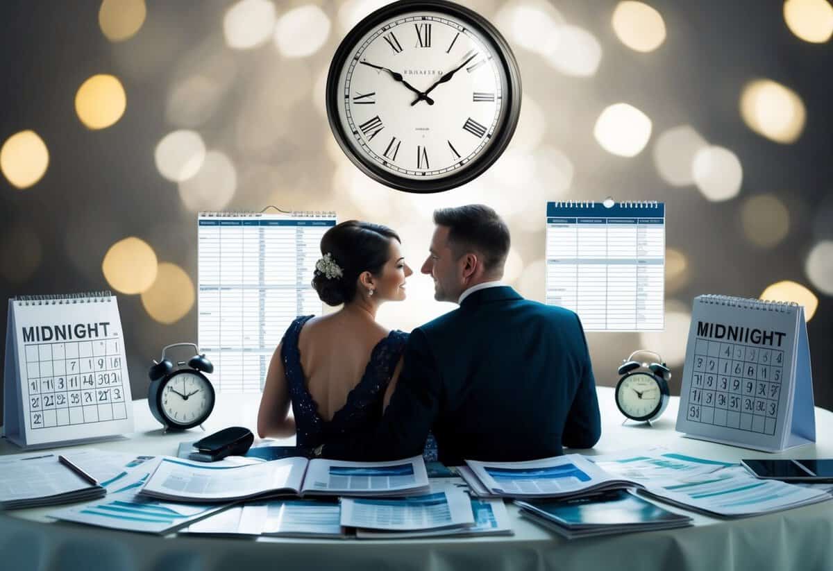 A couple sits at a table covered in wedding magazines and spreadsheets, surrounded by a calendar and a clock ticking towards midnight