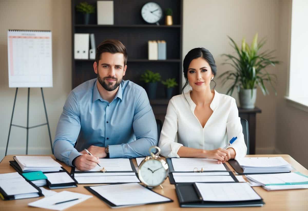 A couple sits at a table covered in wedding planning materials, surrounded by a calendar, clock, and checklist. They appear focused and determined