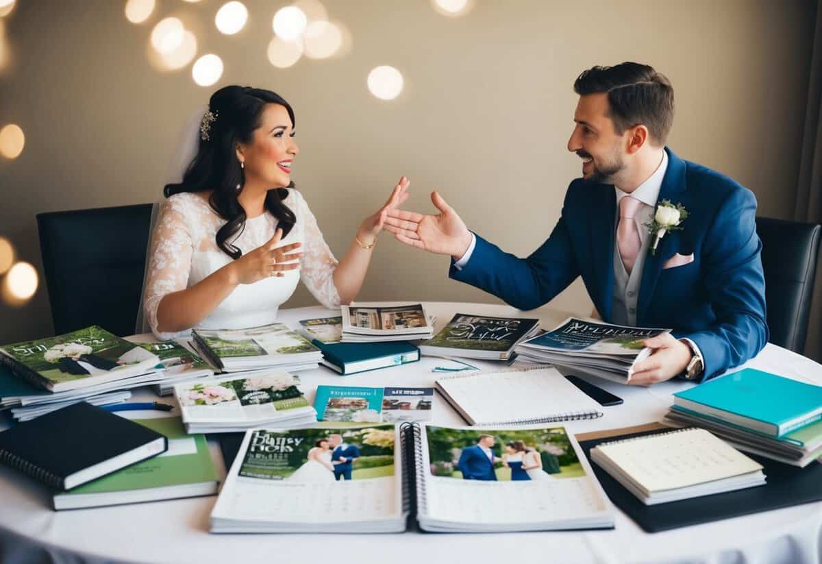 A couple sits at a table covered in wedding magazines, surrounded by notebooks and a calendar. They are deep in discussion, gesturing excitedly as they plan their special day