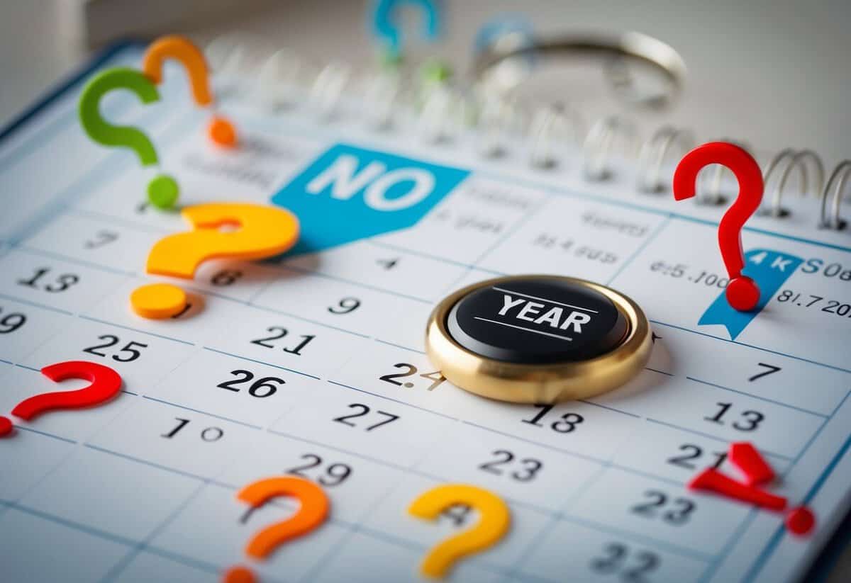 A calendar with a ring marked for 4 years, surrounded by question marks and exclamation points