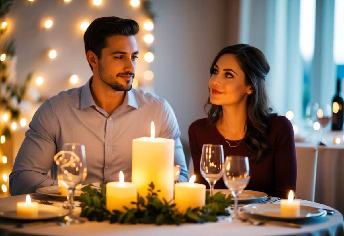 A couple sitting at a candlelit dinner table, surrounded by romantic decorations. The woman looks expectantly at the man, who seems lost in thought