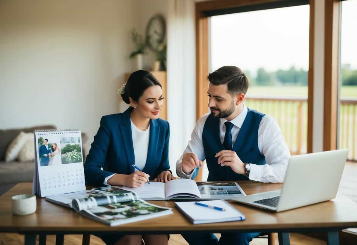 A couple sits at a table surrounded by wedding magazines, a calendar, and a laptop. They are discussing and planning their wedding, making notes and checking dates