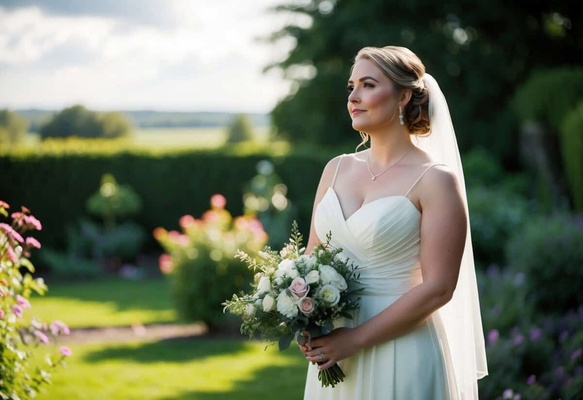 A single bridesmaid stands in a garden, holding a bouquet, with a serene expression as she looks towards the horizon