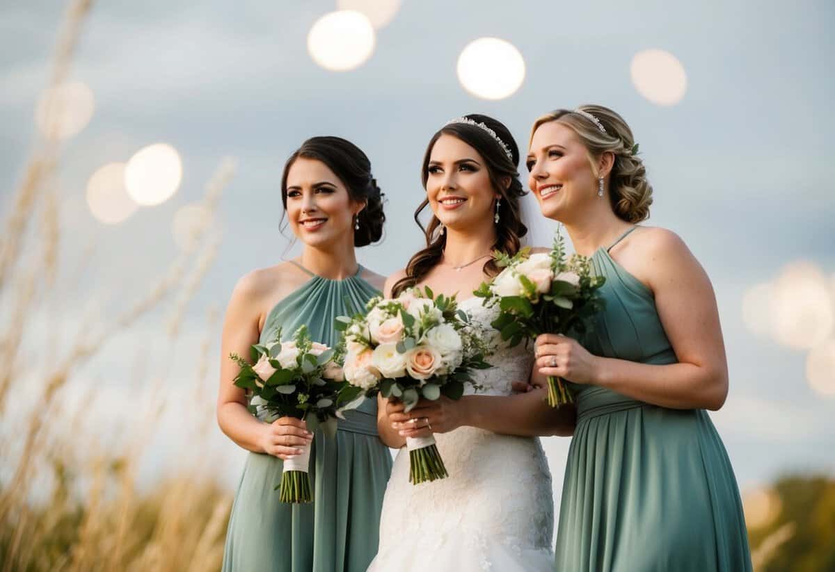 A bride and her one bridesmaid standing together, both holding bouquets, with the bride slightly in front of the bridesmaid