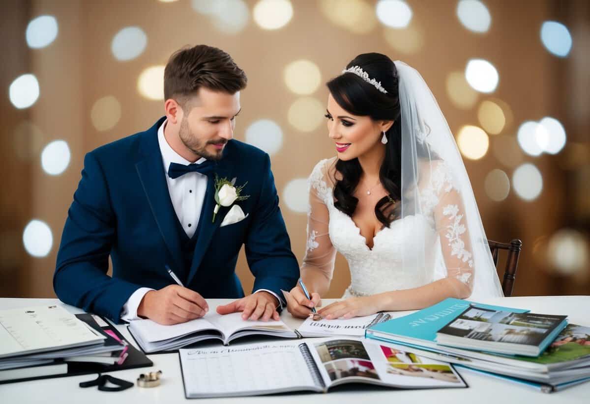 A bride and groom sitting at a table, surrounded by wedding planning books, magazines, and a calendar. They are discussing and making notes