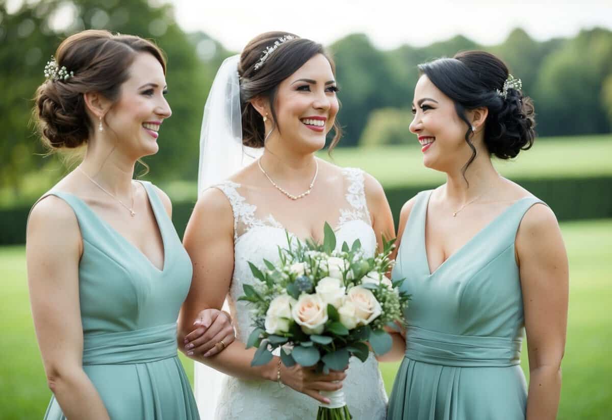 A single bridesmaid stands beside the bride, holding a bouquet and smiling