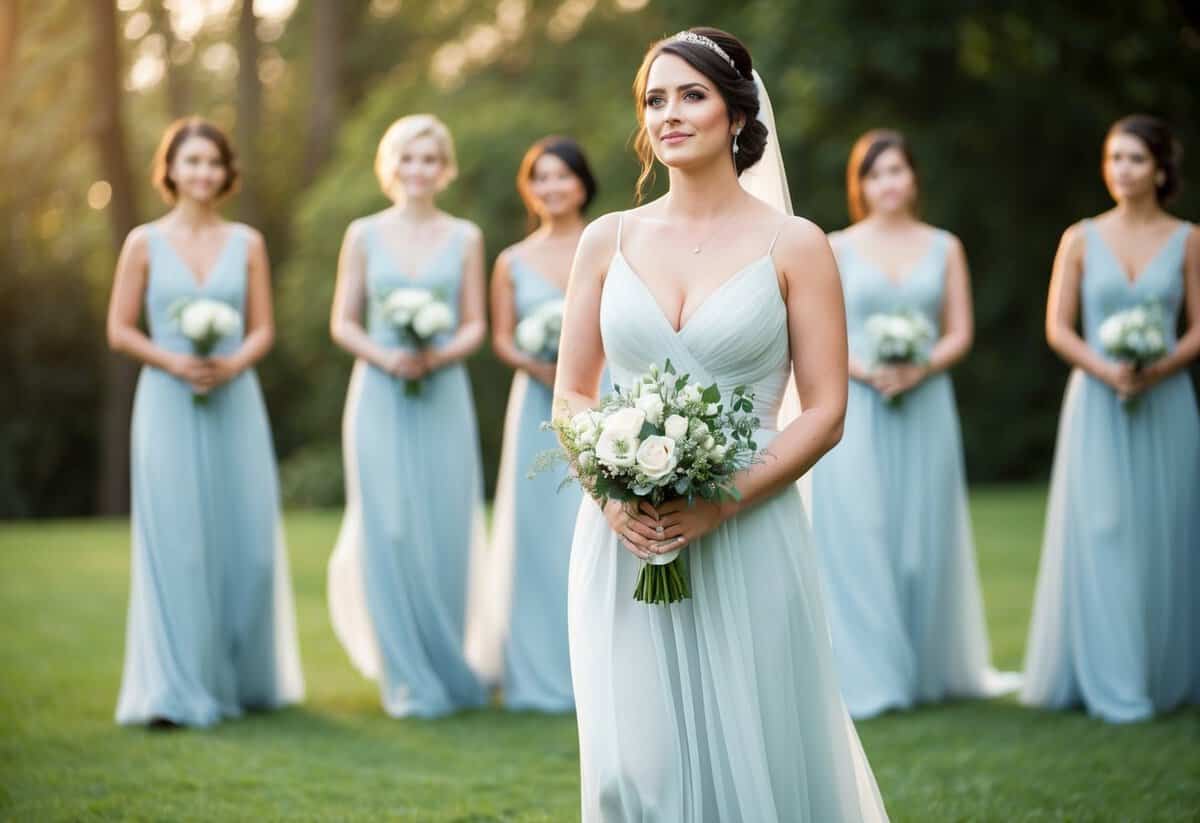 A single bridesmaid stands in a flowing gown, holding a bouquet, with a serene expression
