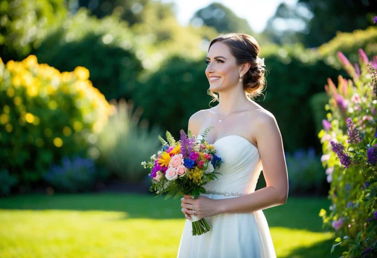 A single bridesmaid stands in a sun-drenched garden, holding a bouquet of colorful flowers, while smiling and looking off into the distance
