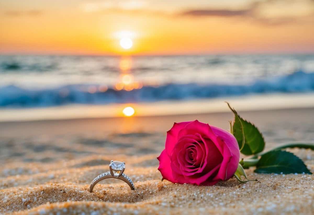 A sunset beach with a single rose and an engagement ring resting on the sand