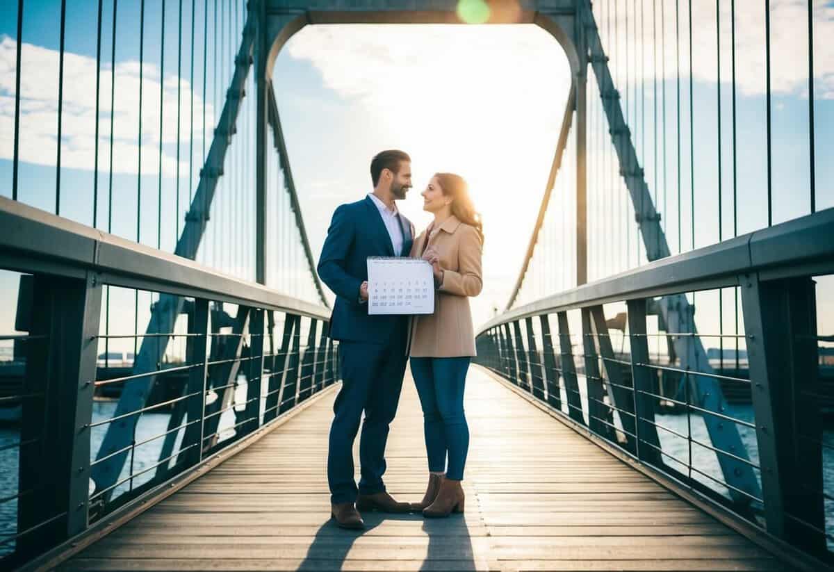 A couple standing on a sturdy bridge, symbolizing a strong foundation, with a calendar showing the passing of time