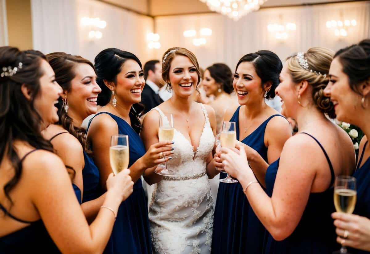 A group of bridesmaids celebrating at a wedding reception, each holding a drink and engaged in lively conversation