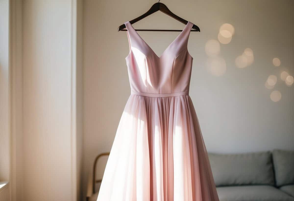 A flowing, elegant dress in a soft pastel shade, like blush pink or lavender, hanging on a hanger in a sunlit room