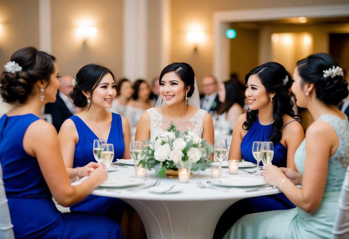A group of bridesmaids discussing seating arrangements and plus ones at a wedding reception