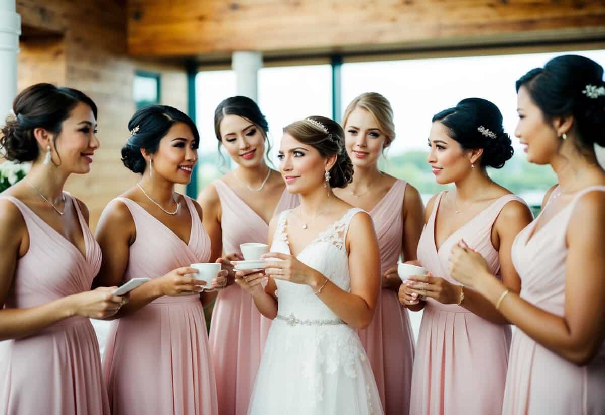 A group of bridesmaids discussing plus-one decisions at a wedding venue