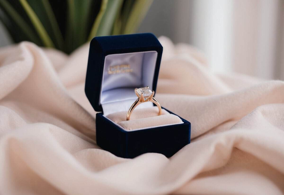 A ring box with an open lid, revealing a sparkling engagement ring nestled on a bed of soft fabric