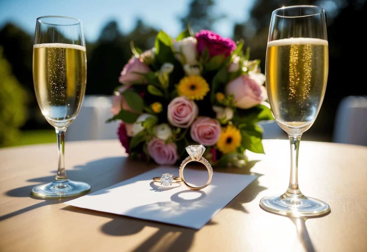 A ring on a sunlit table, surrounded by two champagne glasses and a bouquet of flowers
