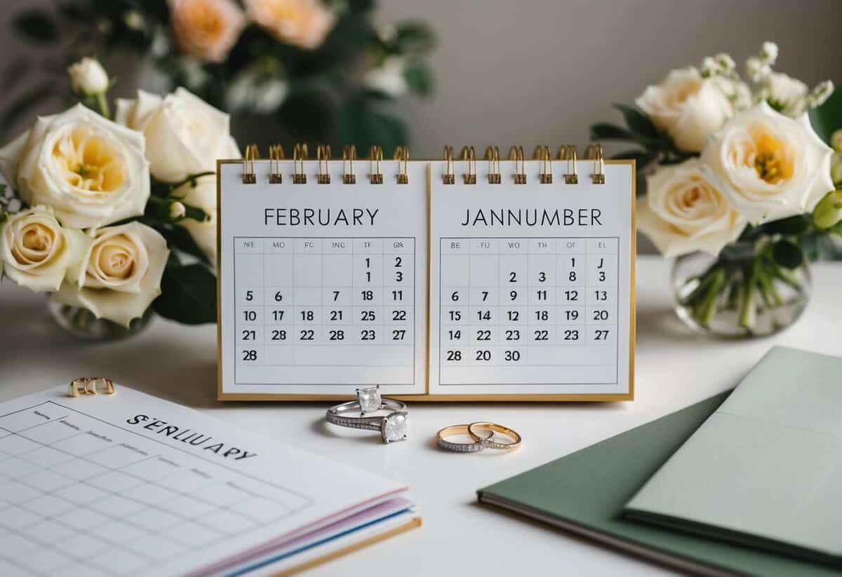 A calendar with two months highlighted, surrounded by engagement rings and wedding planning materials