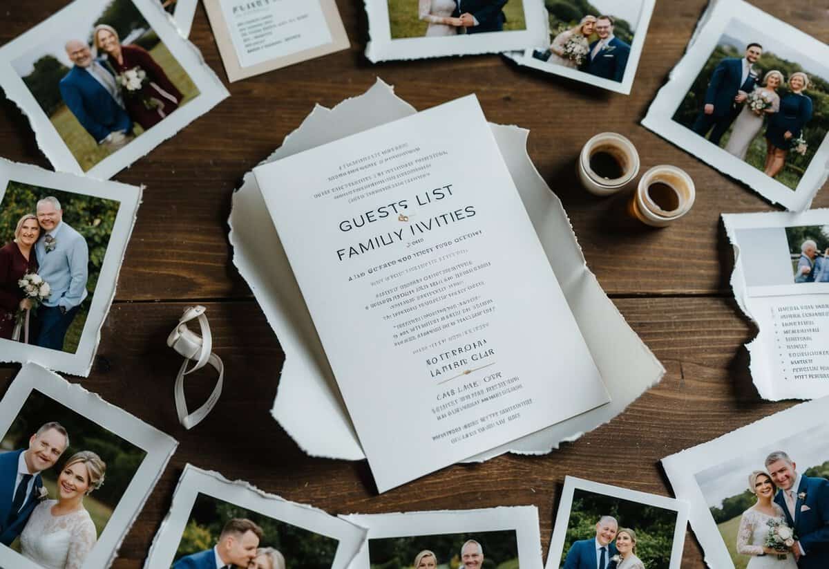 A wedding invitation surrounded by family photos and a torn guest list