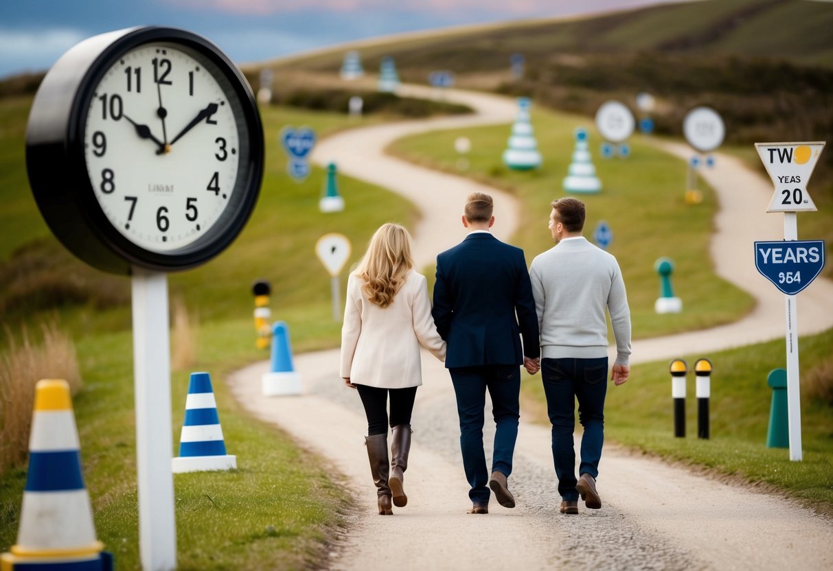 A couple walking along a winding path, passing through various milestones and obstacles, with a clock in the background showing two years