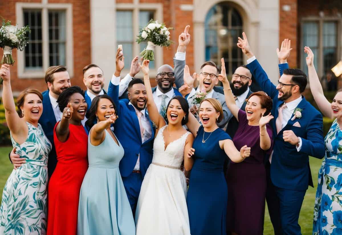 A diverse group of joyful wedding guests celebrating together, representing inclusivity and acceptance