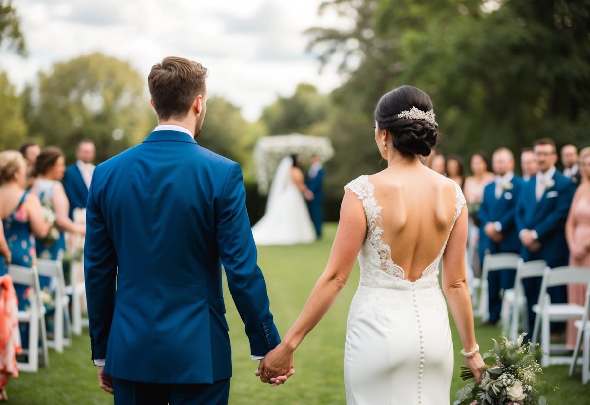 A bride and groom stand back to back, holding hands, as they prepare to turn and see each other for the first time before their wedding